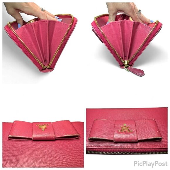 Prada Saffiano Leather Continental Zip Wallet with Bow - Peonia/Pink - Picture 8 of 14